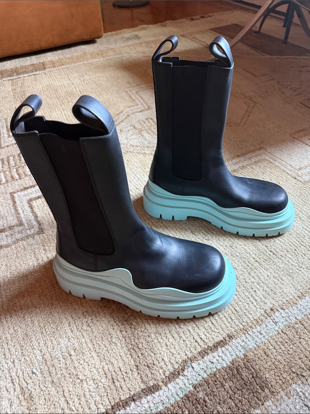 Bottega Veneta Black Leather Chelsea Boots with Pale Blue Platform